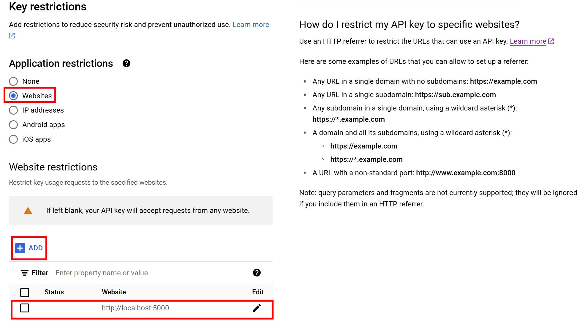 restrictGoogleMapAPIToWebsite